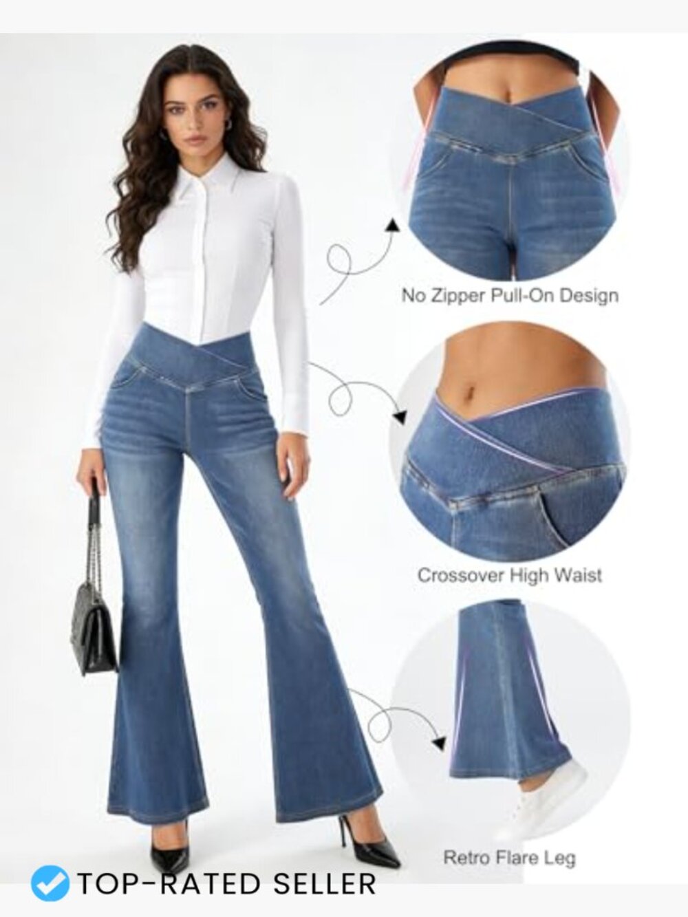 Bell Bottom Jeans High Waisted Stretchy Flare Pull On Wide Leg with Pockets - Picture 2 of 6